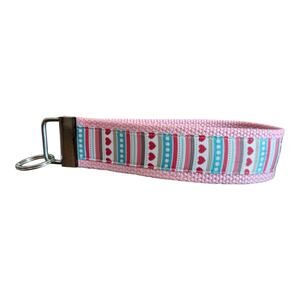 Heart Striped Keychain Wristlet Handmade Fabric Key FOB Gift Patchwork Valentine